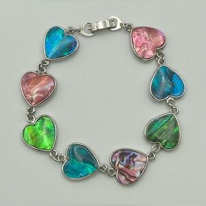 Multicolor Heart Link Silver Tone Bracelet with Abalone Inlay